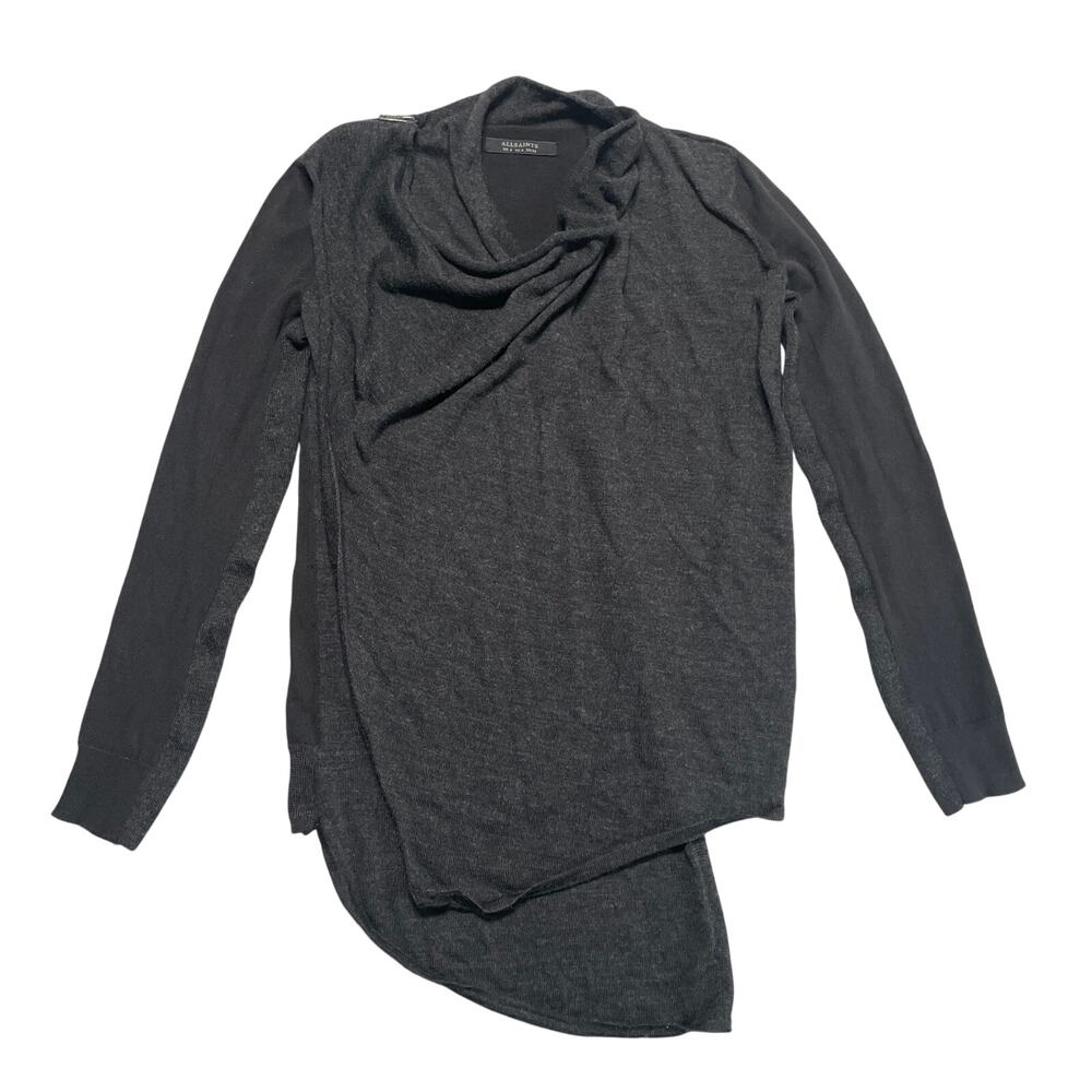 AllSaints Sweater Womens 4 Grey Black Drina Cardigan Asymmetric Wool Cotton